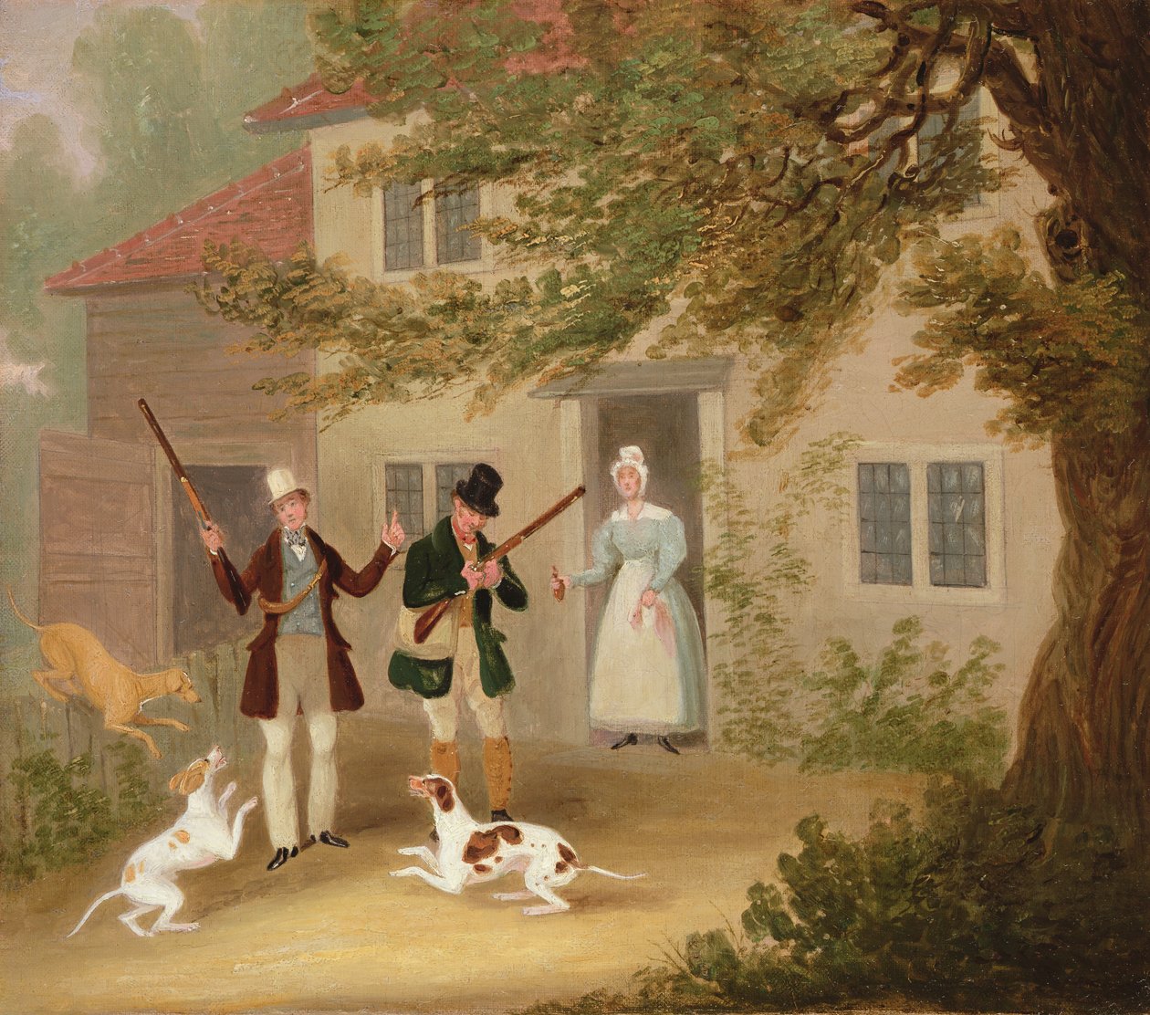 दो खिलाड़ियों के साथ एक कुटिया से बाहर निकलते हुए, c.1830 द्वारा जेम्स पोलार्ड