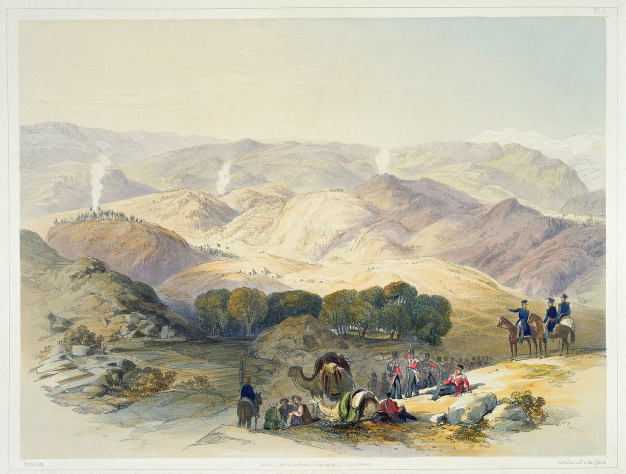 जुगदेलुक, कैलामिटस रिट्रीट में जनरल एल्फिनस्टोन की सेना द्वारा निर्मित अंतिम स्टैंड, &39;दृश्य, इंहाबिटेंट्स एंड कॉस्ट्यूम्स ऑफ अफगानिस्तान&39; से प्लेट 21, हुल्मे द्वारा उत्कीर्ण, 1848 द्वारा जेम्स रैट्रे