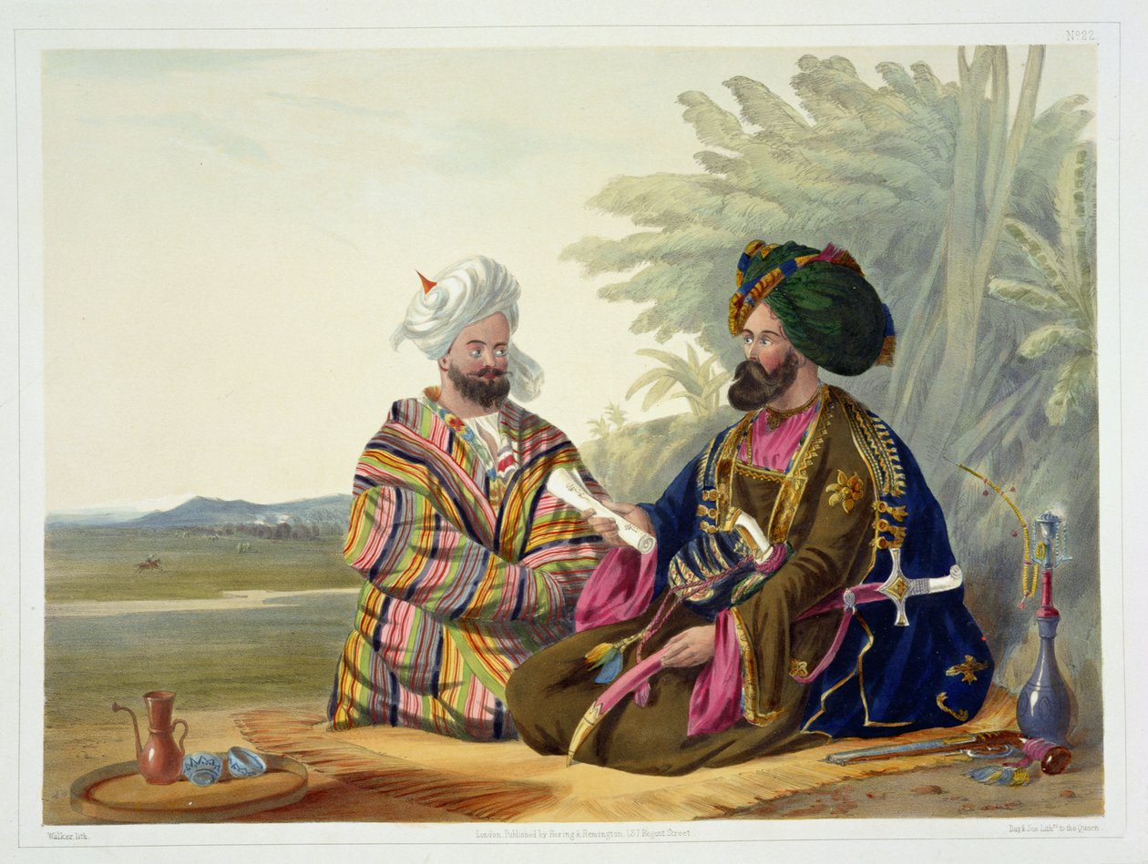 ई। वाकर, 1848 द्वारा उकेरा गया &39;सीन, इनहाबेंट्स एंड कॉस्ट्यूम्स ऑफ़ अफ़गानिस्तान&39; से मीरज़ फ़ेज़, एक ओम्सेरग एल्चे या राजदूत, प्लेट 22 द्वारा जेम्स रैट्रे