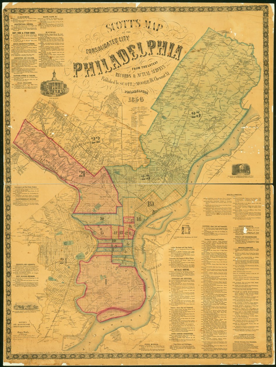 1856 के फिलाडेल्फिया के समेकित शहर का स्कॉट्स मैप (हाथ से रंग की नक्काशी) द्वारा जेम्स एफ स्कॉट