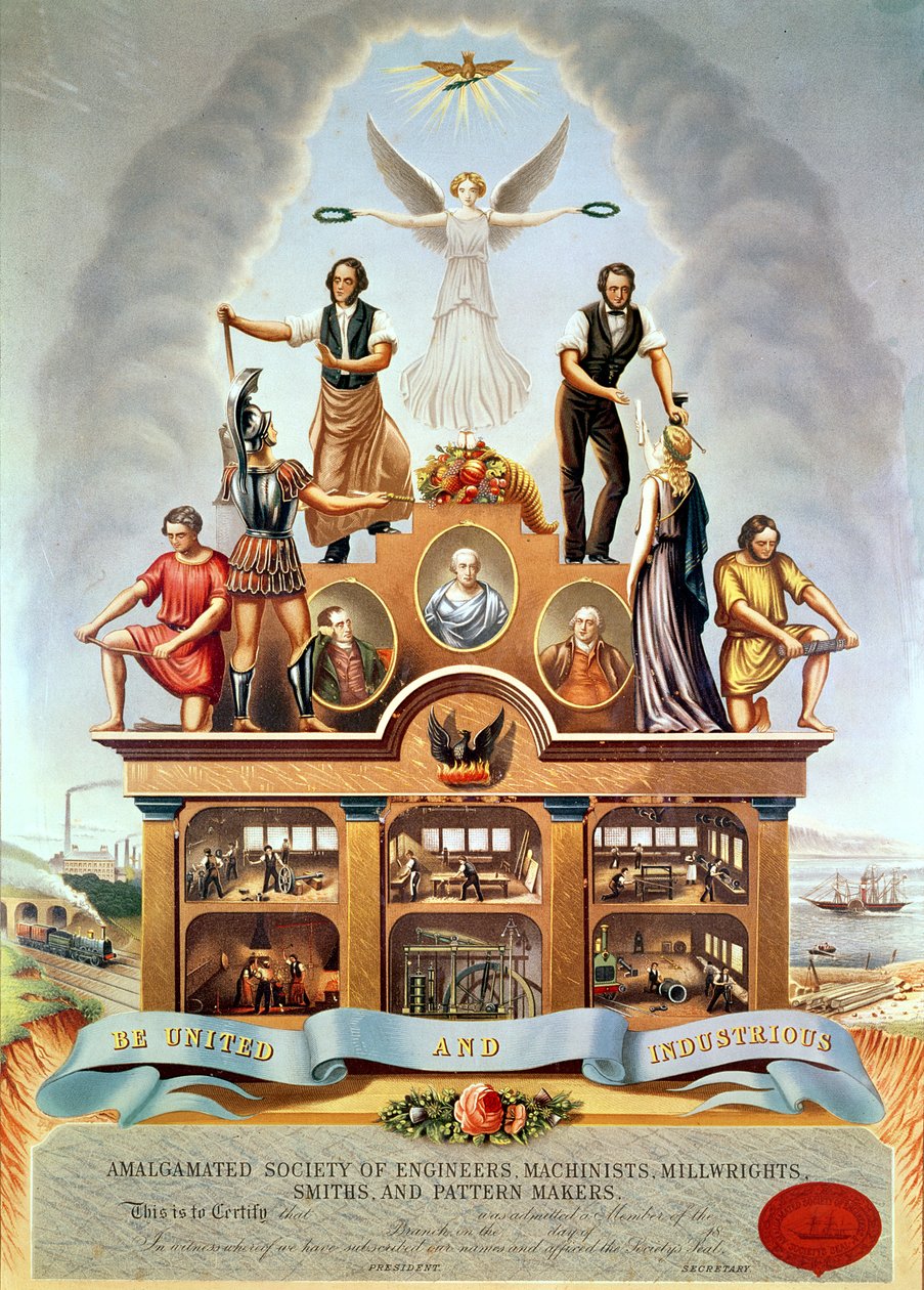 जार्ज ग्रेटबाक, 1852 द्वारा उत्कीर्ण इंजीनियर, माचिनिस्ट, मिलराइट्स, स्मिथ और पैटर्न मेकर्स की अमलगमेटेड सोसायटी का व्यापार प्रतीक द्वारा जेम्स शेरेंस