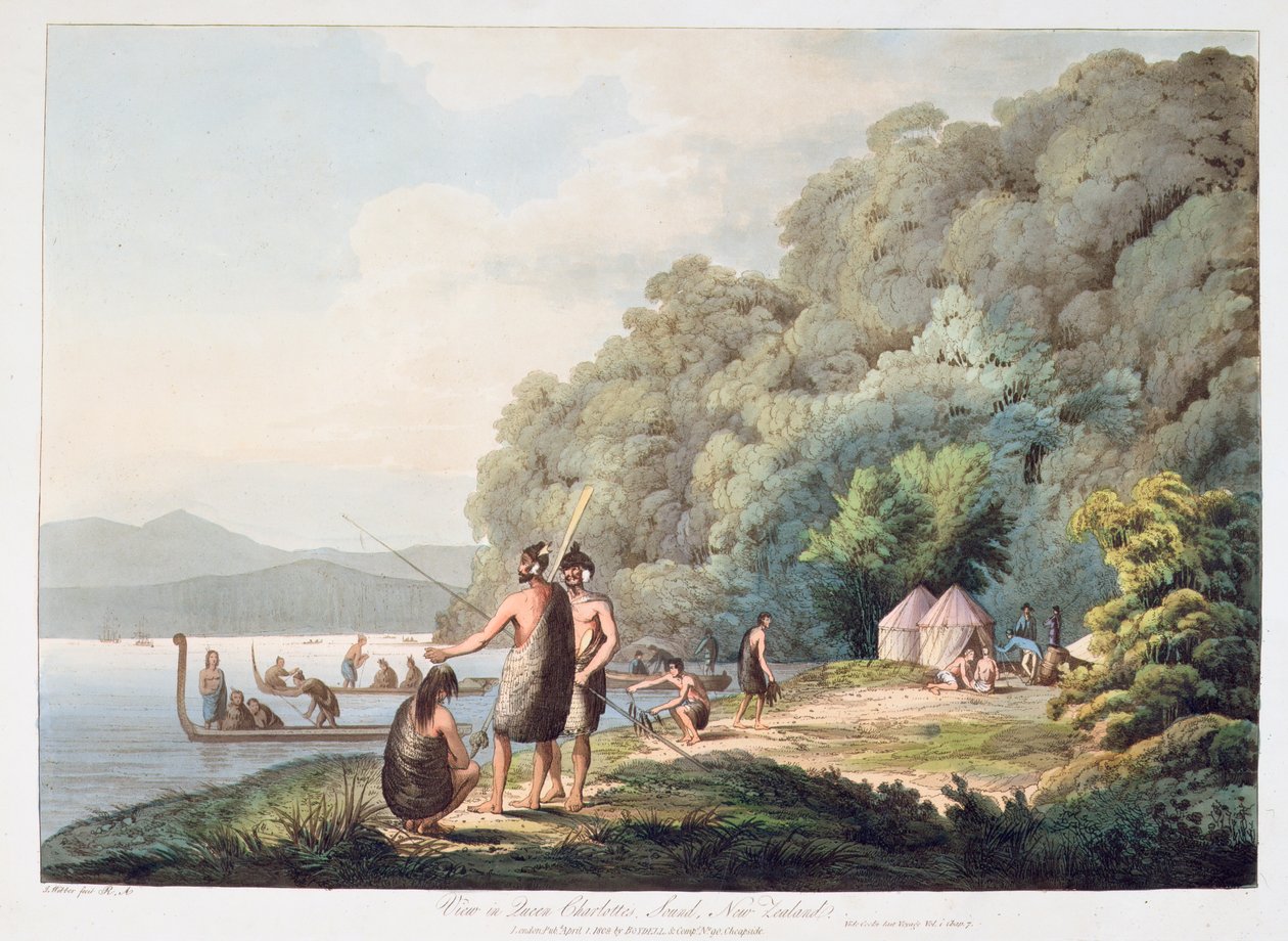क्वीन चार्लोट्स साउंड, न्यूजीलैंड में देखें, साउथ सीज़ में 1809 (हाथ से रंगा हुआ जलीय) द्वारा जेम्स वेबर