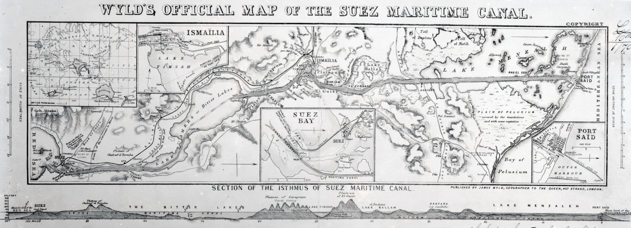 1869 में स्वेज़ मैरीटाइम नहर के व्येल का आधिकारिक नक्शा द्वारा जेम्स द यंगर वाइल्ड