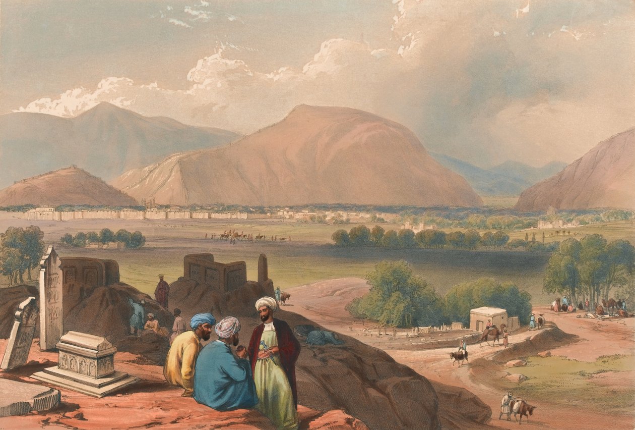 'काबुल [sic], माउंटेन रिज पर एक दफन मैदान से, शहर के उत्तर-पूर्व' (लिथोग्राफ, रंगा हुआ) द्वारा जेम्स (बाद में) एटकिंसन