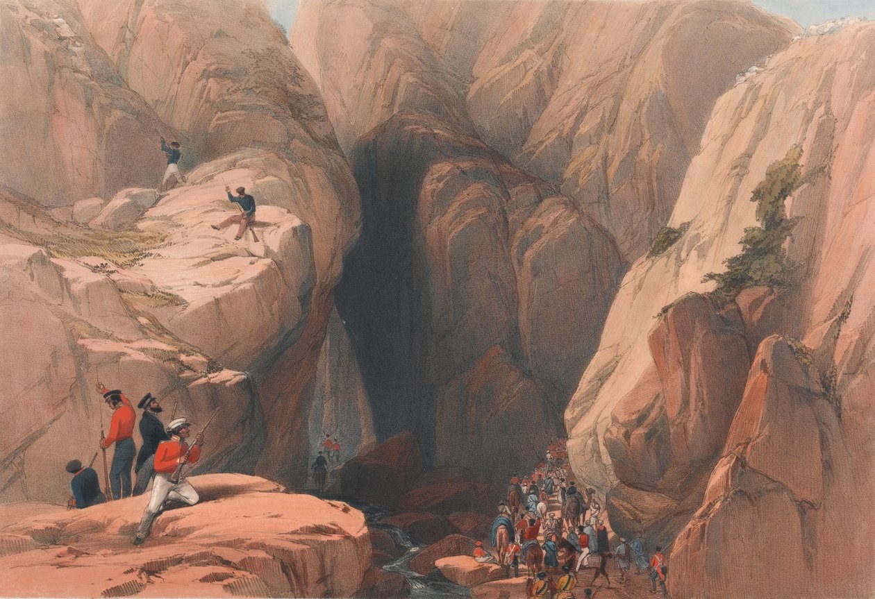 'परुष से कोजक दर्रे में प्रवेश', c.1839 (लिथोग्राफ, रंगा हुआ) द्वारा जेम्स (बाद में) एटकिंसन