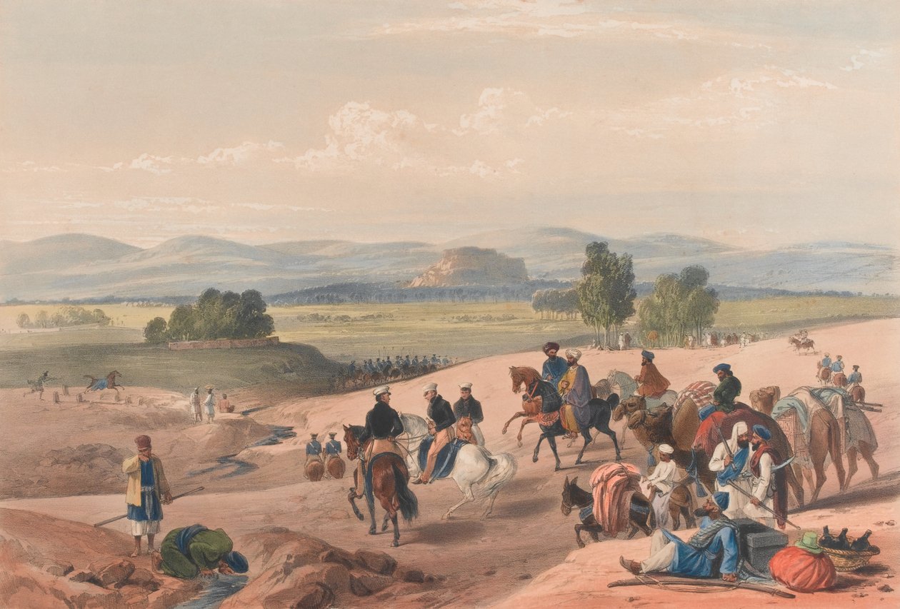 'द अप्रोच टू द फोर्ट्रेस ऑफ क्वेटा [sic]', c.1839 (लिथोग्राफ, रंगा हुआ) द्वारा जेम्स (बाद में) एटकिंसन