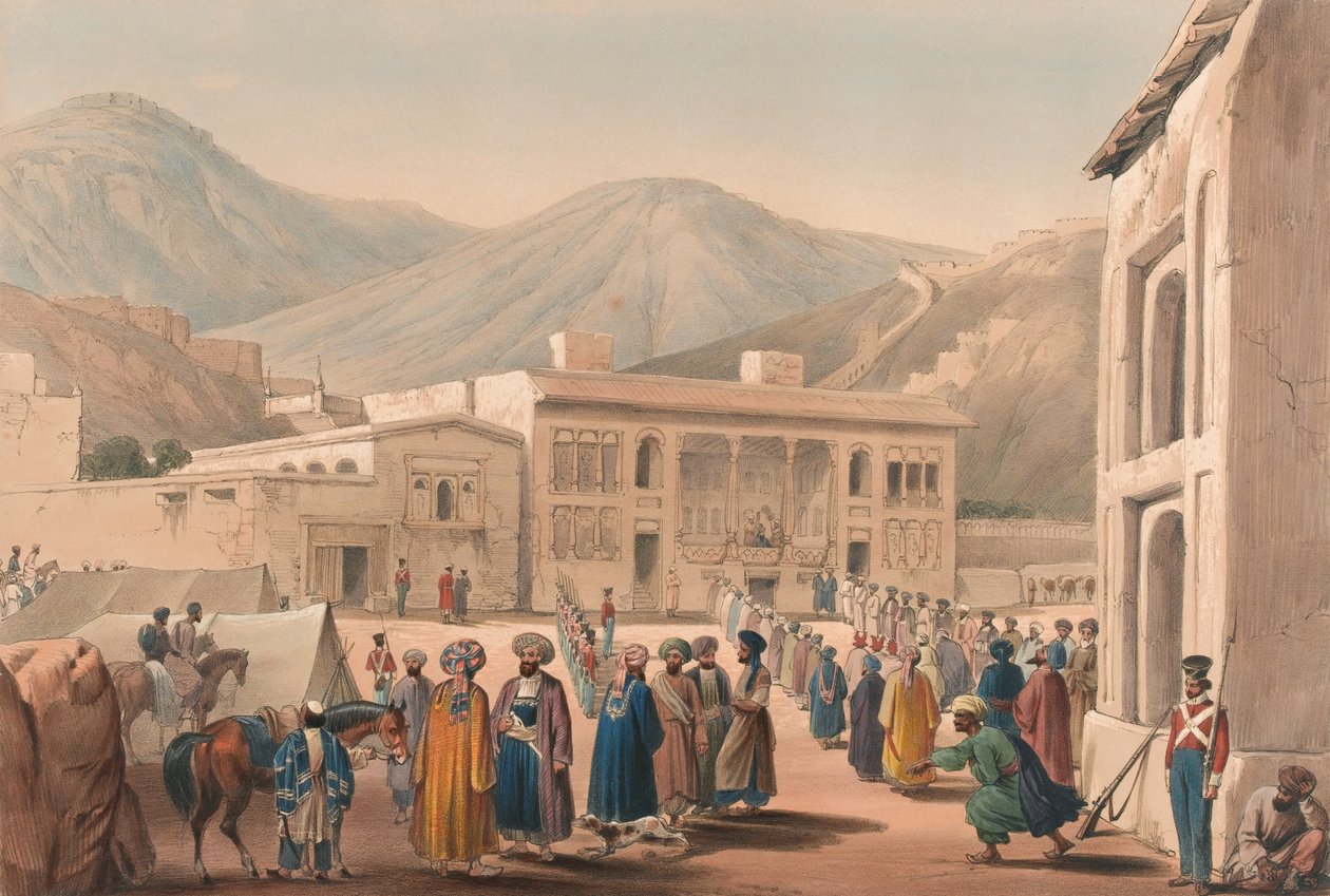 'शाह शूजाह-उल-मूलक का दरबार-खानेह, काबौल में [sic]', c.1840 (लिथोग्राफ, रंगा हुआ) द्वारा जेम्स (बाद में) एटकिंसन
