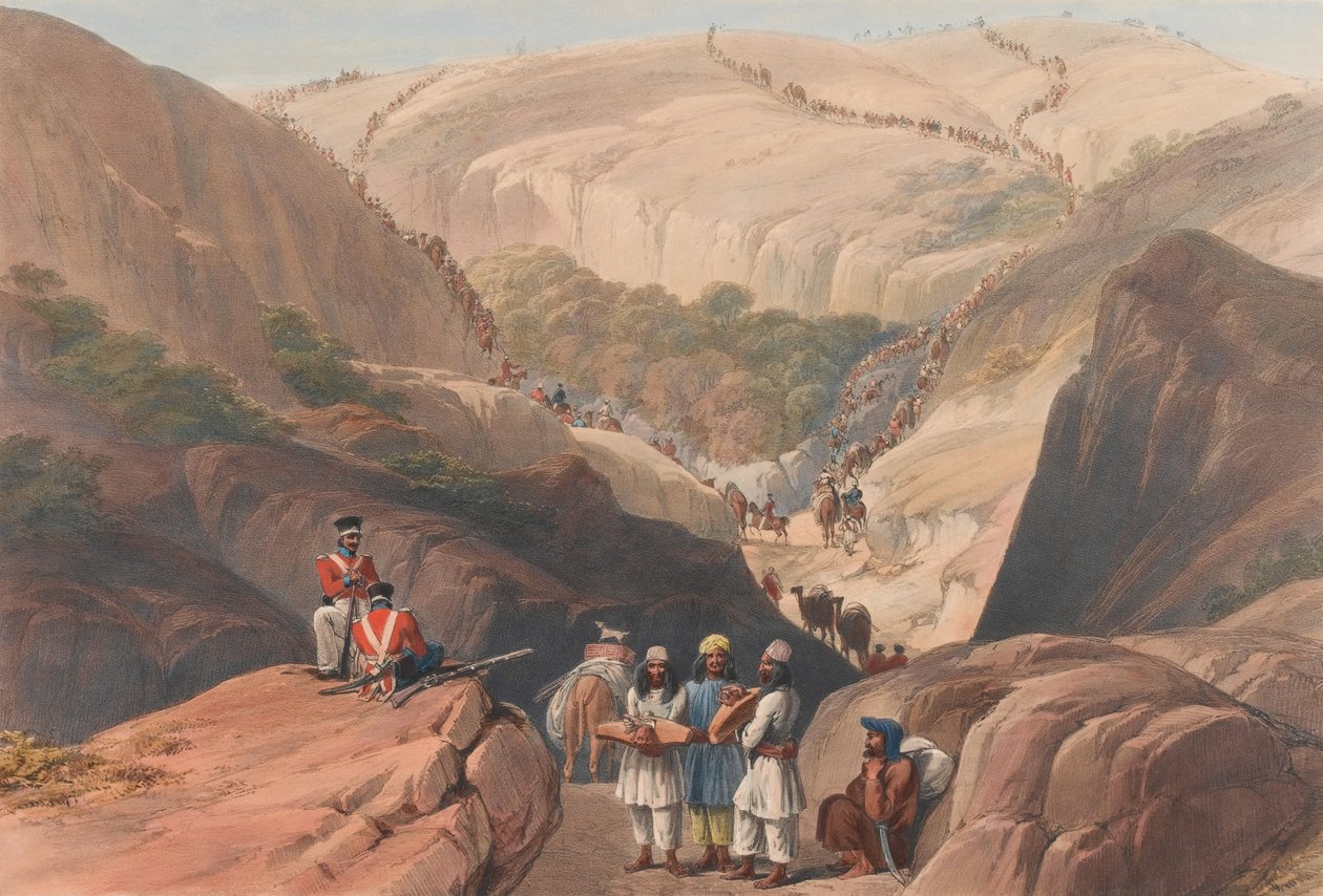 'द फर्स्ट डिसेंट थ्रू द कूजा [sic] पास', c.1839 (लिथोग्राफ, टिंटेड) द्वारा जेम्स (बाद में) एटकिंसन