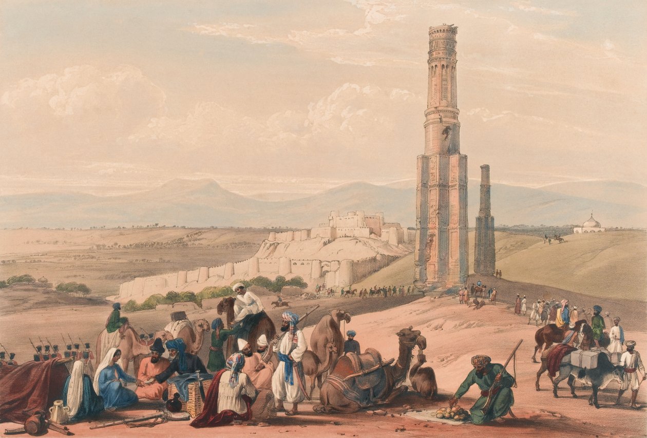 ग़ज़नी का किला और गढ़ [sic] और दो मीनारें, c.1839 (लिथोग्राफ, रंगा हुआ) द्वारा जेम्स (बाद में) एटकिंसन
