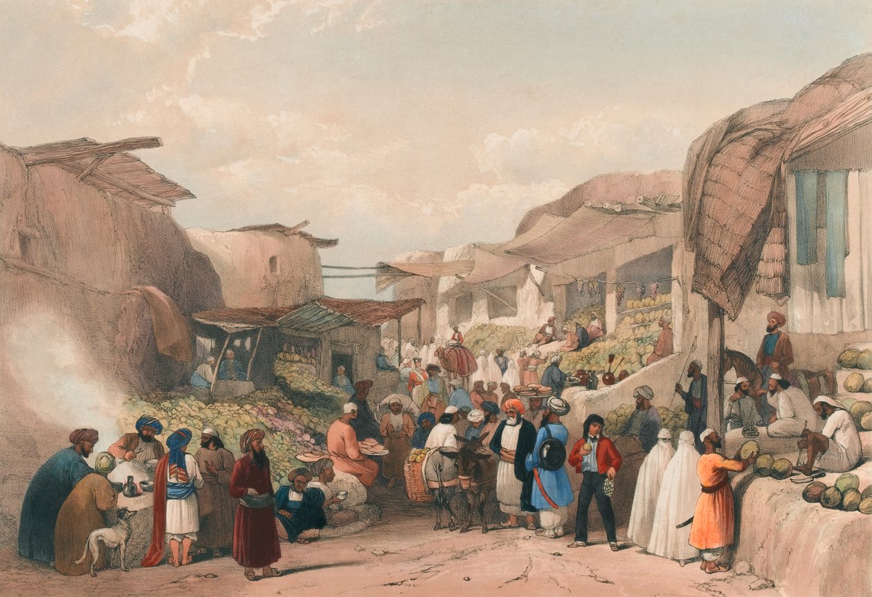 'फलों के मौसम में काबुल में बाजार में मुख्य सड़क', c.1839 (लिथोग्राफ, रंगा हुआ) द्वारा जेम्स (बाद में) एटकिंसन