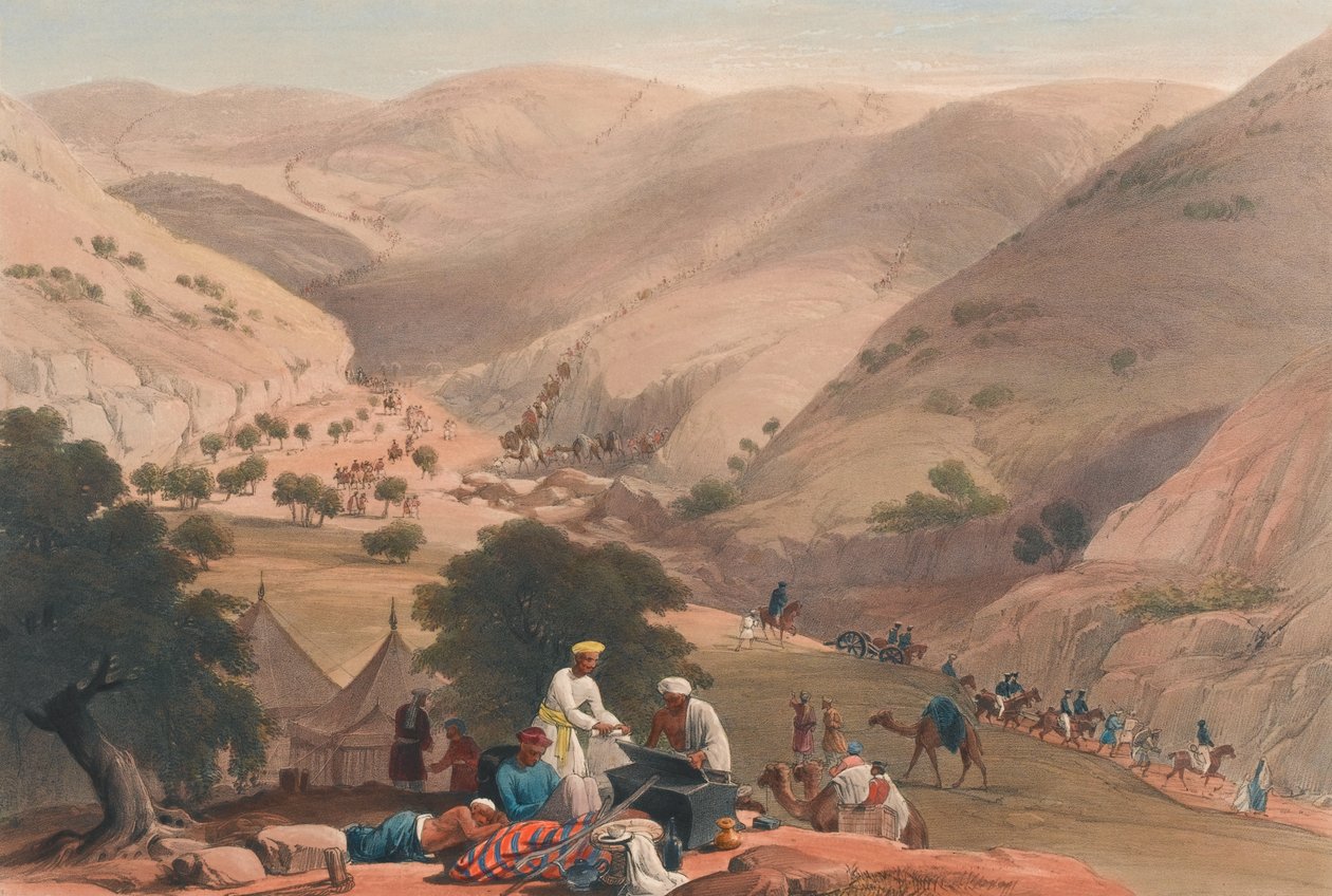 'द थर्ड डिसेंट ऑफ द कूजाह [sic] पास', c.1839 (लिथोग्राफ, टिंटेड) द्वारा जेम्स (बाद में) एटकिंसन