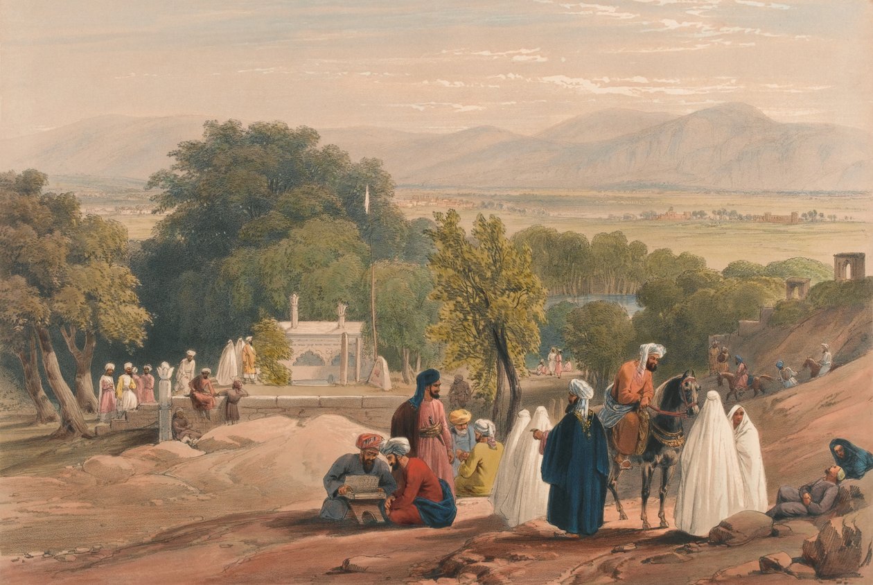 'सम्राट बाबर का मकबरा [sic],' c.1840 (लिथोग्राफ, रंगा हुआ) द्वारा जेम्स (बाद में) एटकिंसन