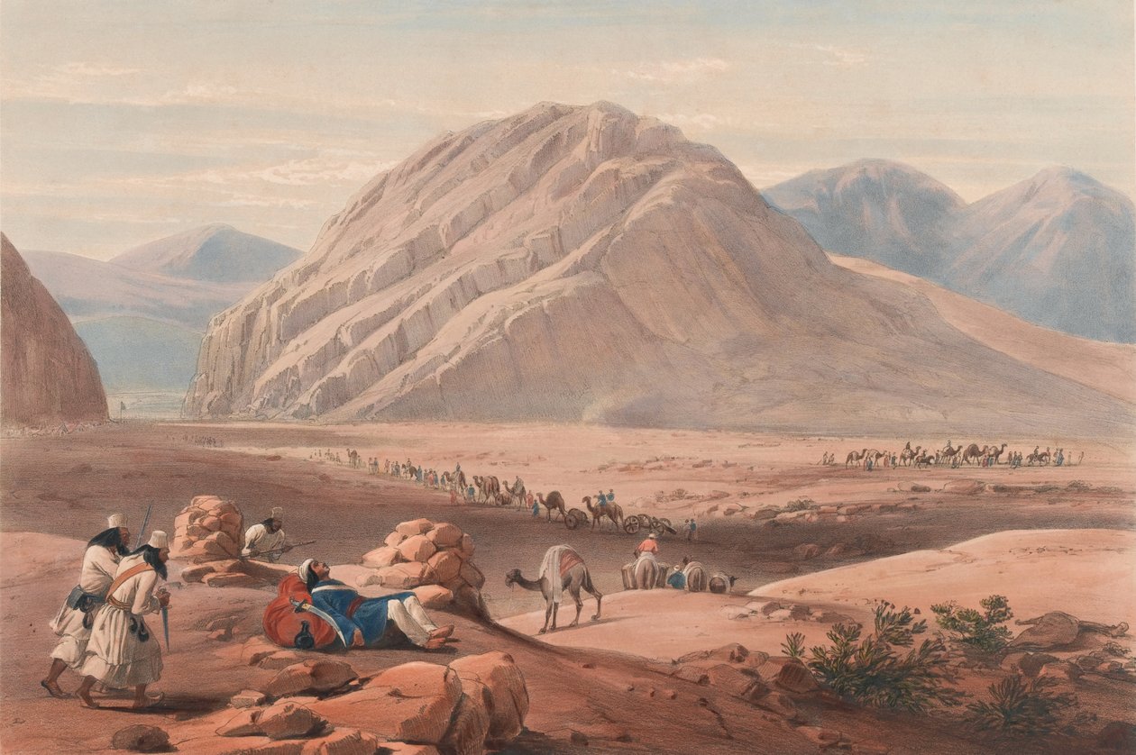 'बाबा-नौनी पर्वत का दृश्य', c.1839 (लिथोग्राफ, रंगा हुआ) द्वारा जेम्स (बाद में) एटकिंसन
