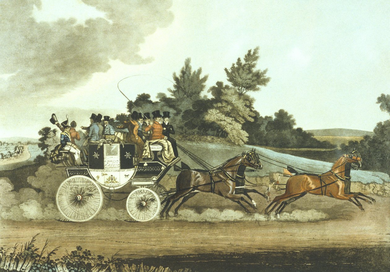 स्टेज कोच और विपक्षी कोच इन साइट (रंगीन लिथो) द्वारा जेम्स (बाद में) पोलार्ड