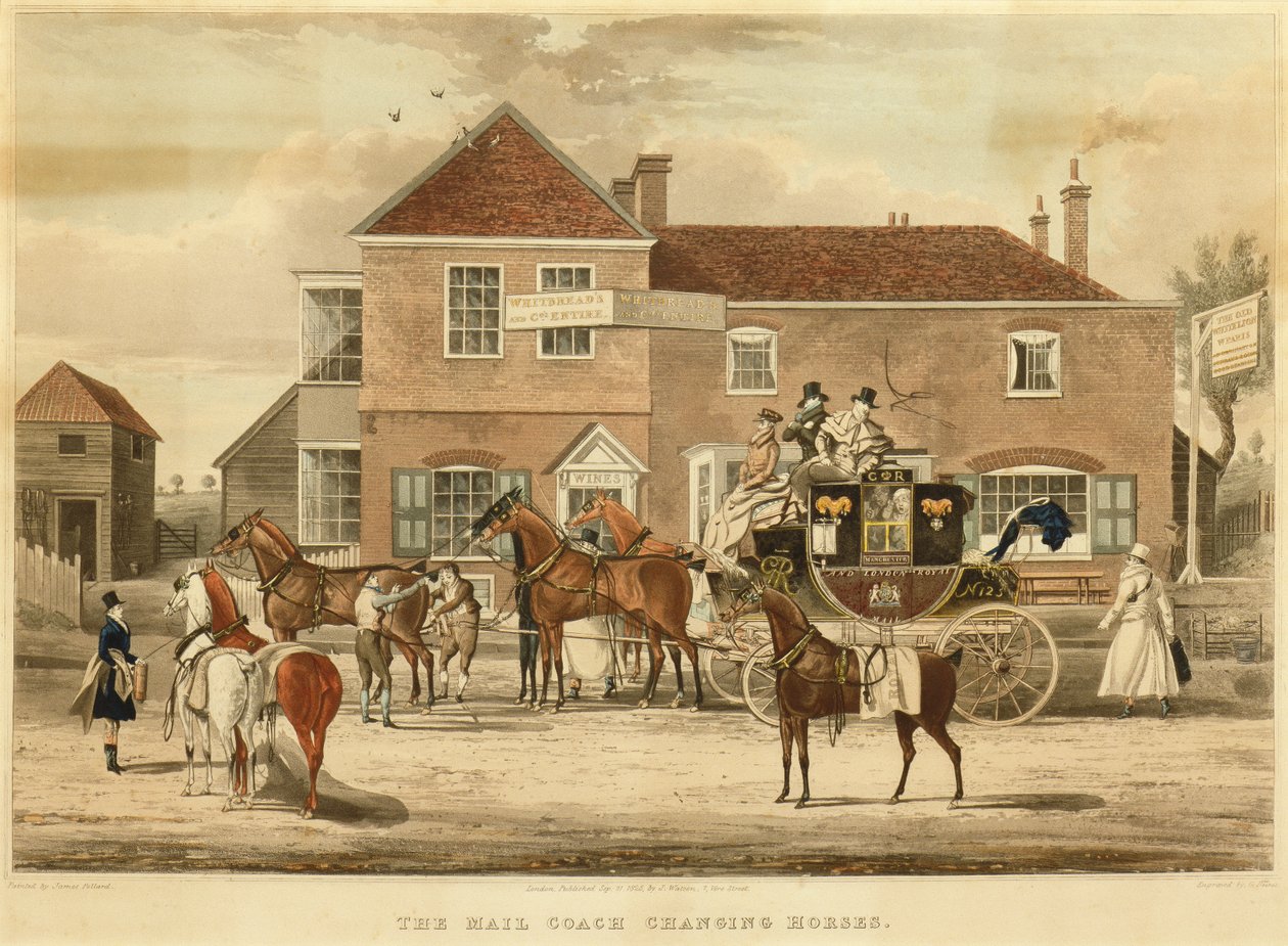 मेल कोच चेंजिंग हॉर्स, c.1825 (उत्कीर्णन) द्वारा जेम्स (बाद में) पोलार्ड