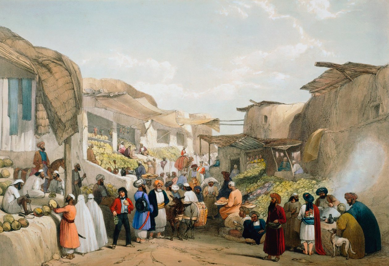 फल के मौसम के दौरान काबुल में बाजार, पहला एंग्लो-अफगान युद्ध, 1838-1842 द्वारा जेम्स एटकिंसन