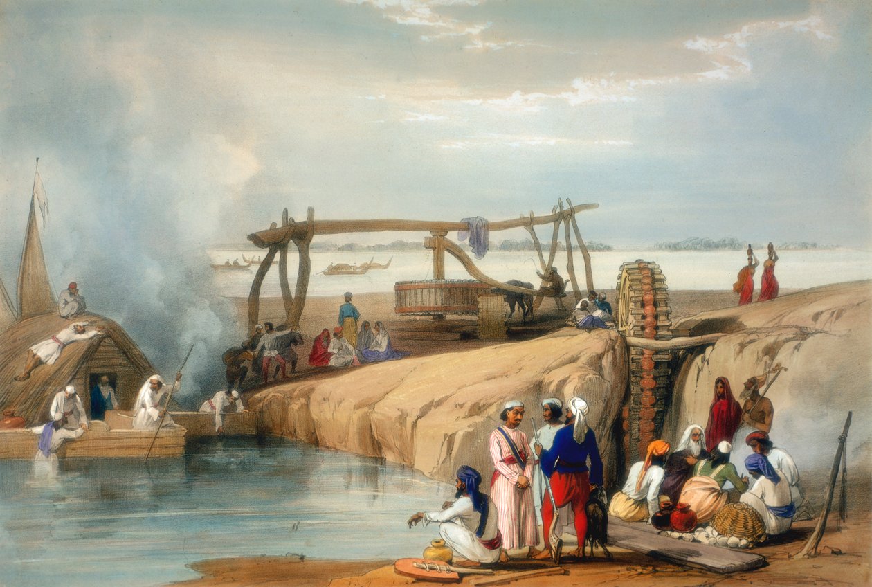 1842 में सतलज नदी, पंजाब से पानी उठाता फारसी पहिया द्वारा जेम्स एटकिंसन
