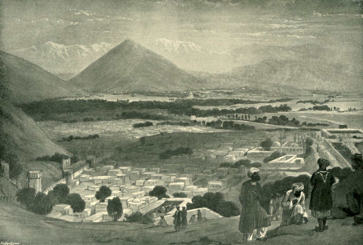 गढ़ के ऊपरी भाग से बाला हिसार और काबुल शहर, c1842, 1901। द्वारा जेम्स एटकिंसन