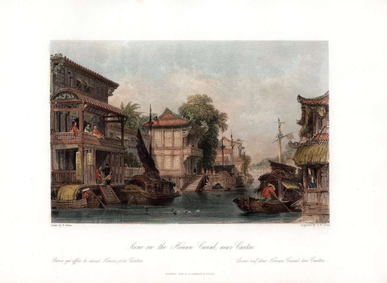 कैंटन, चीन, 1818 के पास, होनान नहर पर दृश्य। द्वारा जेम्स बी एलन
