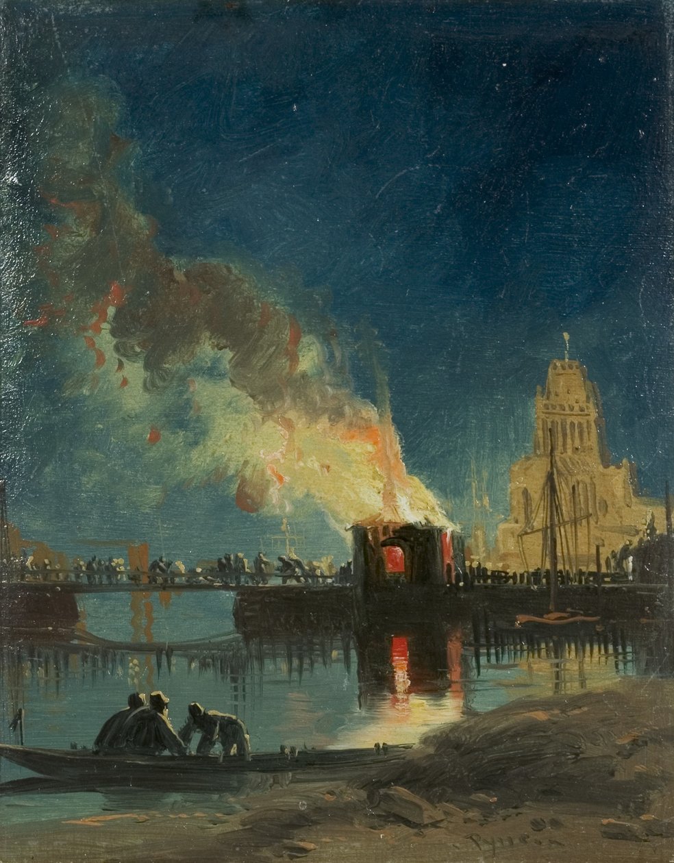 ब्रिस्टल दंगे: द बर्निंग ऑफ़ द टोल हाउसेस, प्रिंस स्ट्रीट ब्रिज, c.1831 (कागज पर तेल) द्वारा जेम्स बेकर पाइन
