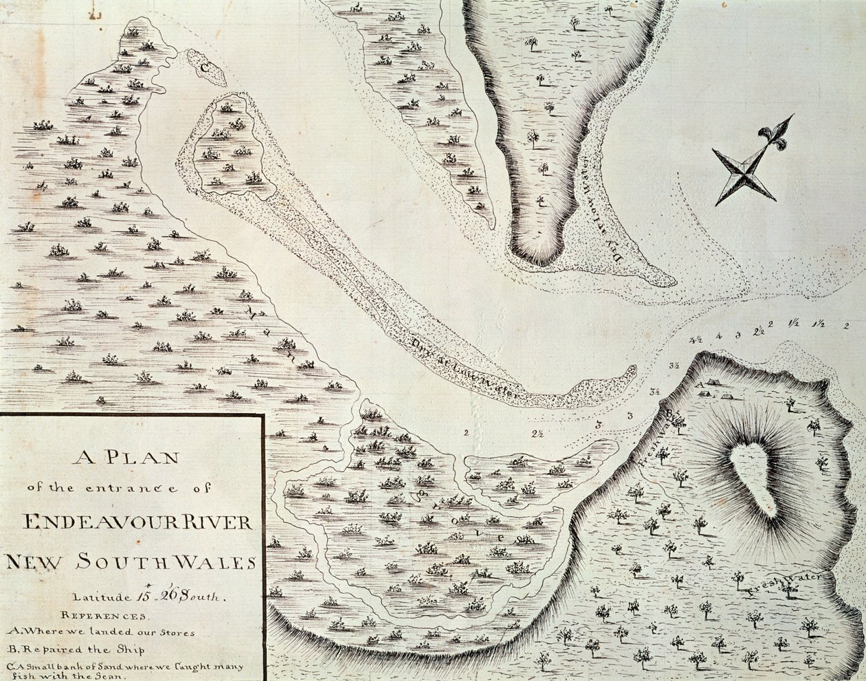 एंडेवर नदी के प्रवेश द्वार का नक्शा, 1768 और 1771, ऑस्ट्रेलिया के बीच जेम्स कुक (1728-1779) के नेतृत्व में पहली यात्रा के खाते से नक्शा द्वारा जेम्स कुक