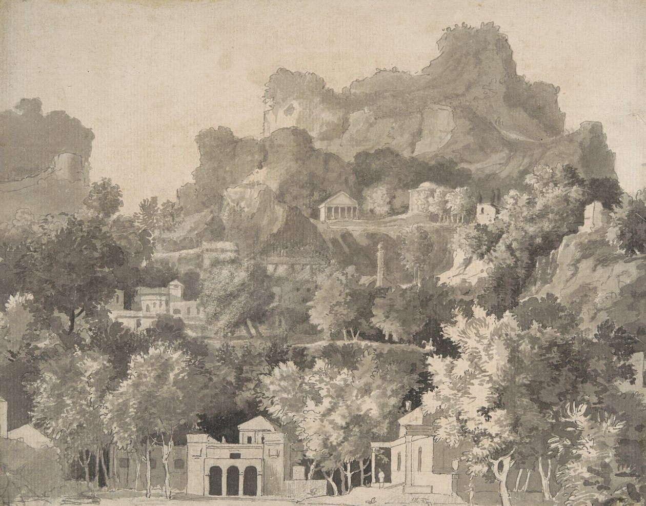 शास्त्रीय इमारतों के साथ चट्टानी परिदृश्य, c.1745 (कागज पर धोने के साथ कलम और स्याही) द्वारा जेम्स डीकन