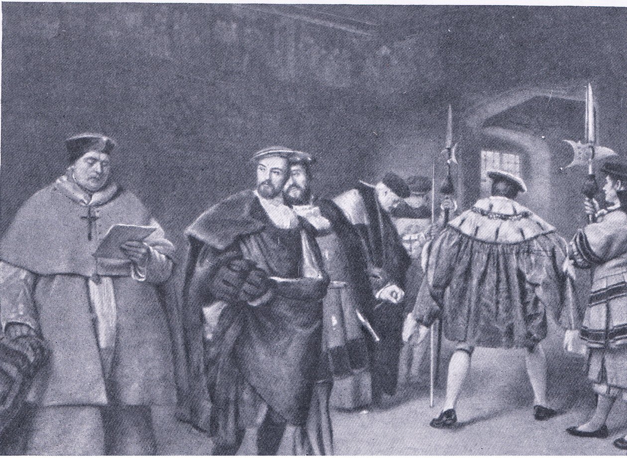 किंग हेनरी VIII द्वारा कार्डिनल वोल्सी का खारिज, वेस्ले बुक कंपनी द्वारा प्रकाशित ब्रिटिश लोगों के कैसल्स इतिहास से, c.1950s द्वारा जेम्स ड्रोमगोले लिंटन