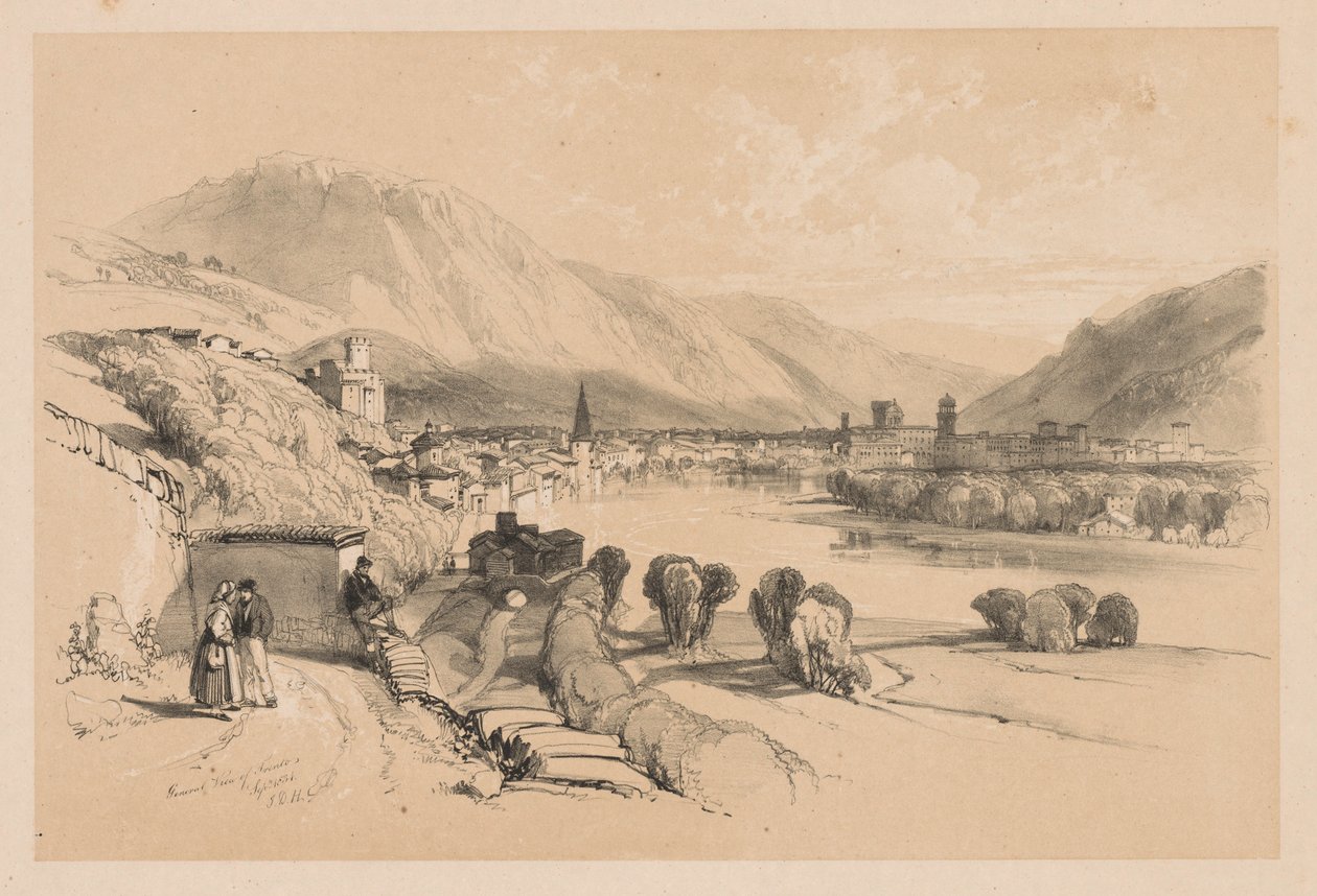 स्केच एट होम एंड एब्रोड: जनरल व्यू ऑफ़ ट्रेंटो, 1834। द्वारा जेम्स डफ़िल्ड हार्डिंग