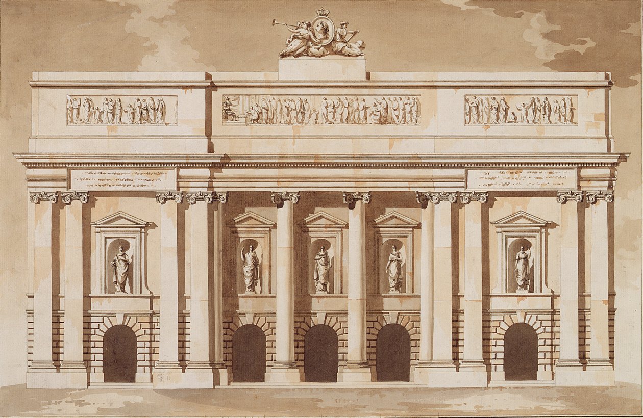 वेस्ट हाउस ऑफ पार्लियामेंट हाउस, डबलिन, c.1787 के लिए ऊंचाई (भूरे रंग के स्याही और कलमों पर ब्रश के साथ कलम) द्वारा जेम्स गैंडन