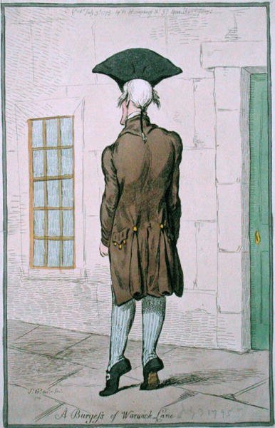 ए बर्गेस ऑफ वारविक लेन, 1795 में हन्ना हम्फ्री द्वारा प्रकाशित (हाथ से रंगी हुई नक़्क़ाशी) द्वारा जेम्स गिलियरे