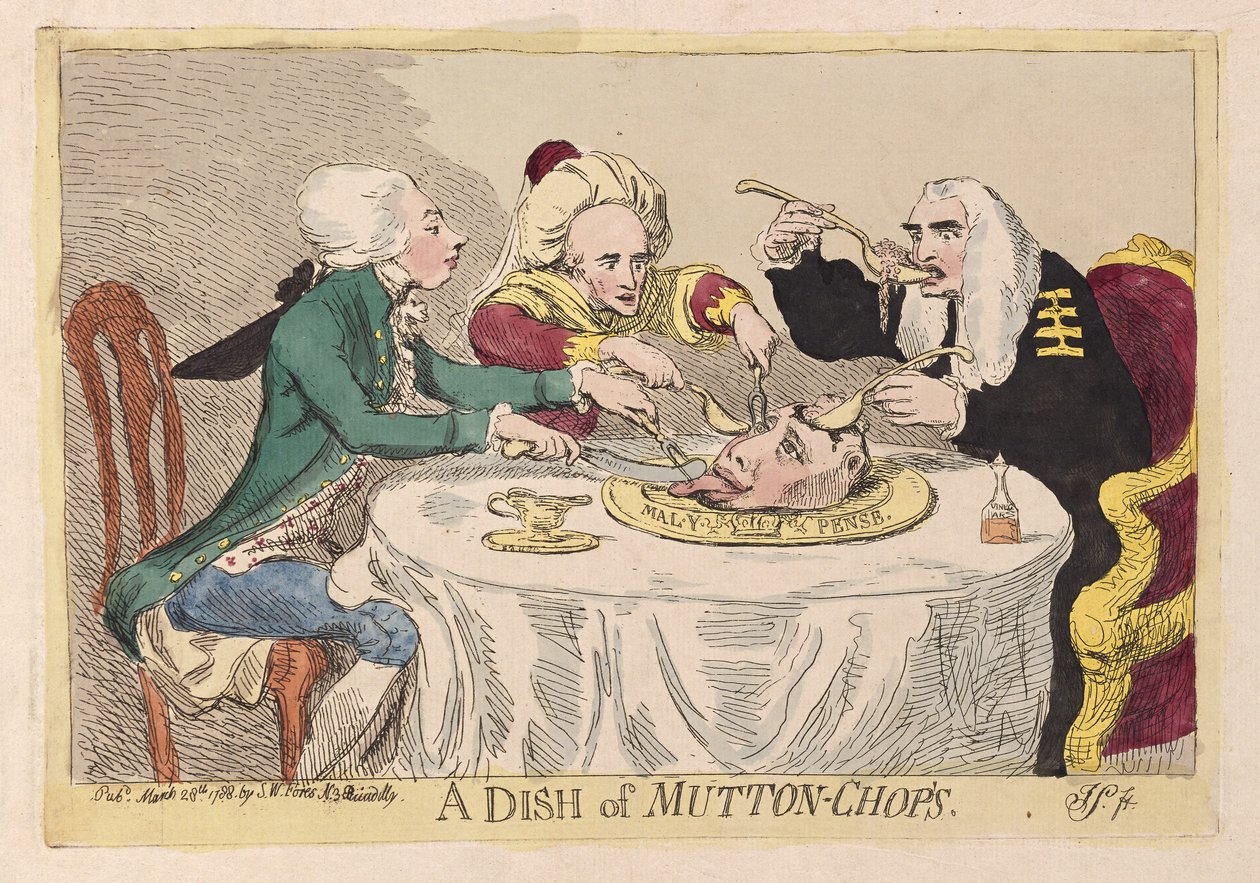ए डिश ऑफ़ मटन-चॉप्स, पब। 1788 (हाथ के रंग का उत्कीर्णन) द्वारा जेम्स गिलियरे