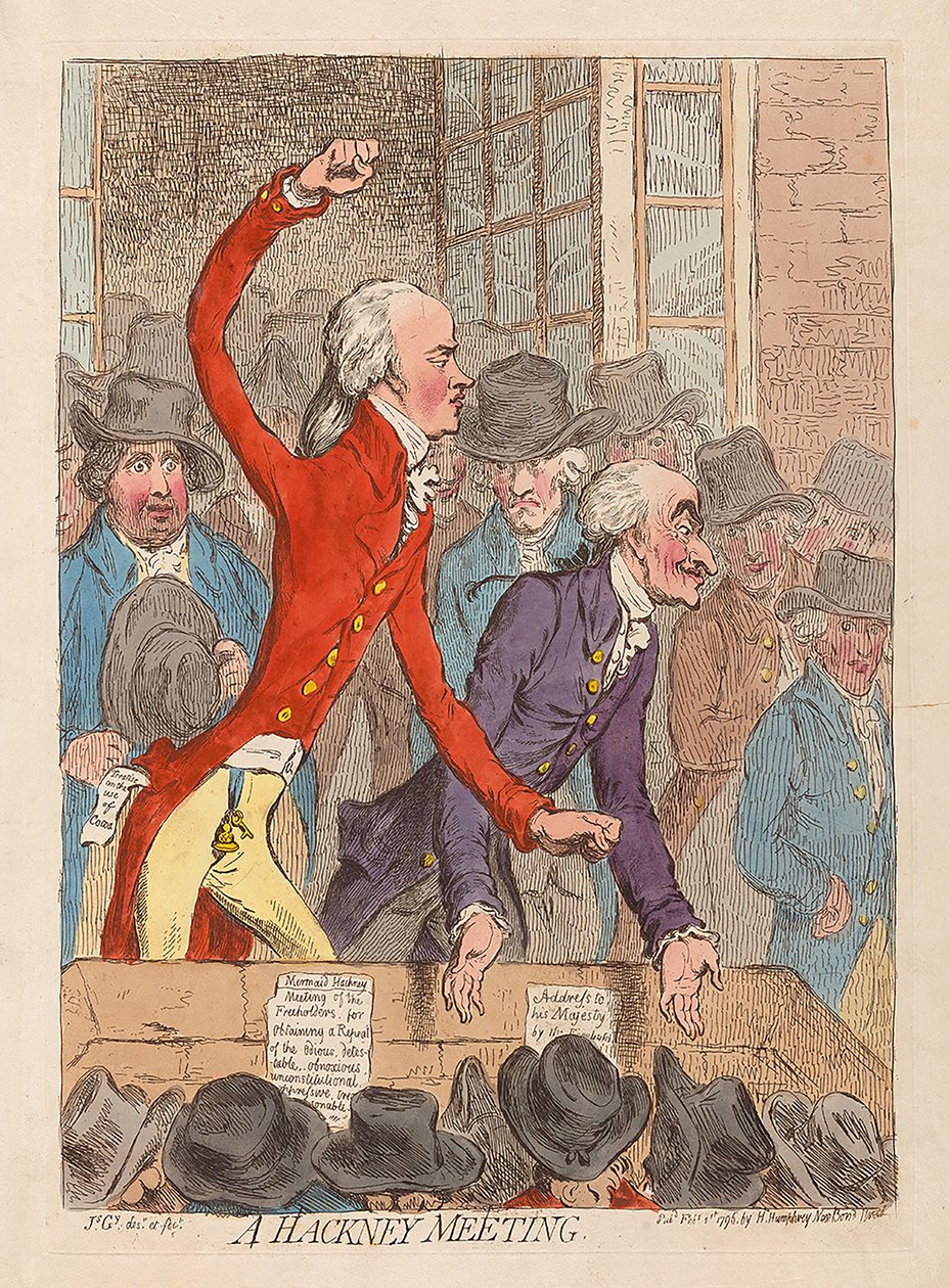 एक हैकनी बैठक, पब। 1796 (हाथ के रंग का उत्कीर्णन) द्वारा जेम्स गिलियरे