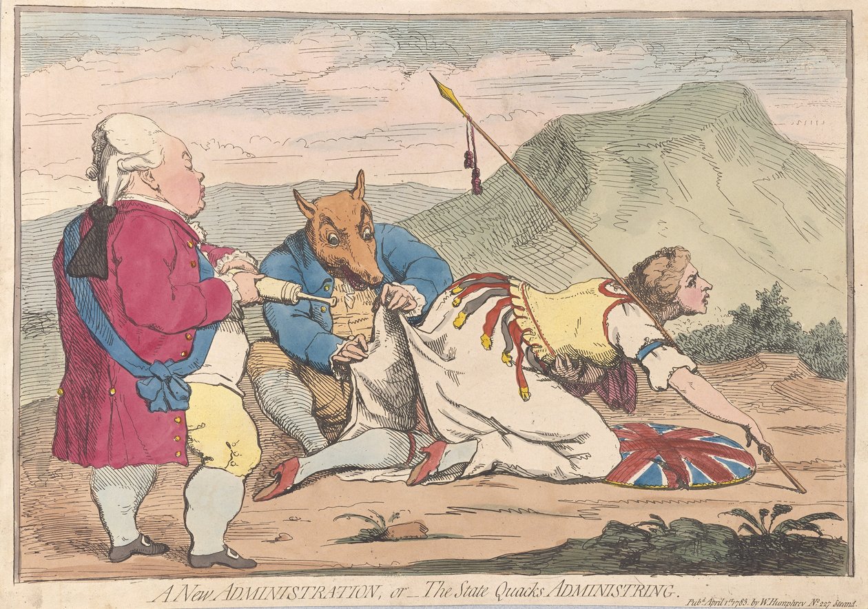एक नया प्रशासन या राज्य क्वैक प्रशासन, पब। 1783 (हाथ के रंग का उत्कीर्णन) द्वारा जेम्स गिलियरे