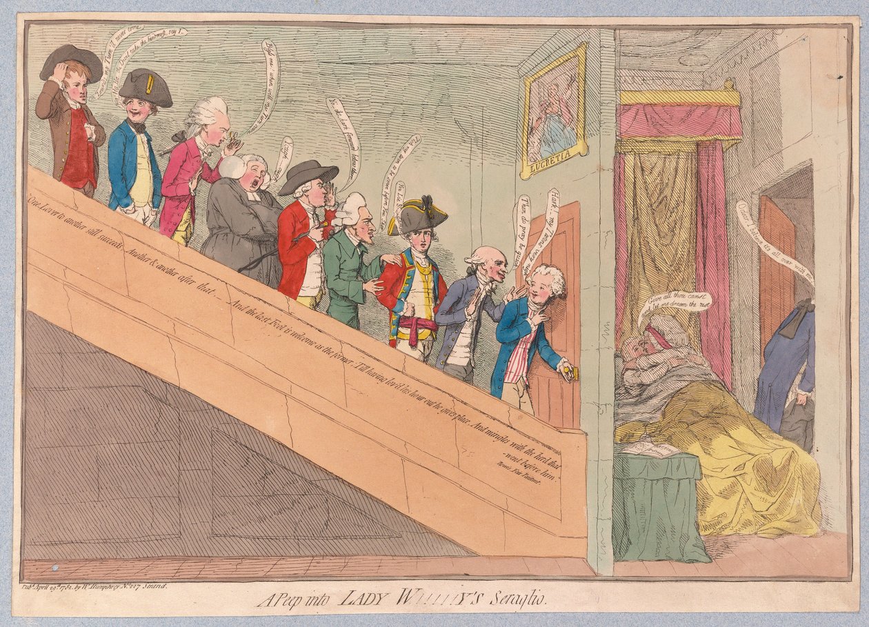 लेडी डब्ल्यू !!!!-! Ys Seraglio, पब में एक झलक। 1782 (हाथ के रंग का उत्कीर्णन) द्वारा जेम्स गिलियरे