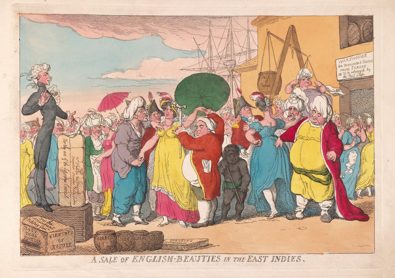 ईस्ट इंडीज, पब में अंग्रेजी सुंदरियों की बिक्री। 1786 (हाथ के रंग का उत्कीर्णन) द्वारा जेम्स गिलियरे