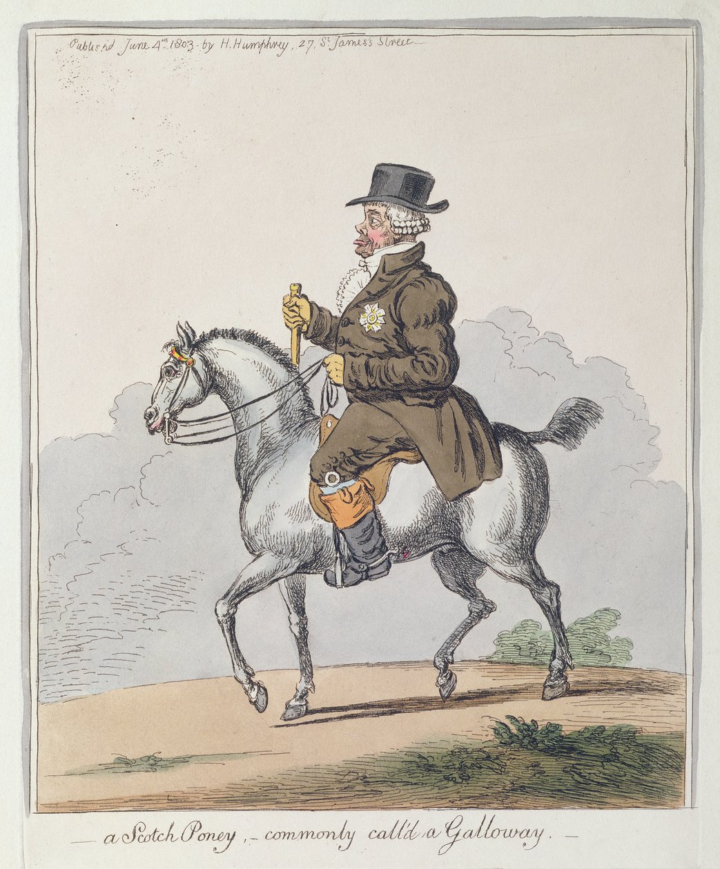 एक स्कॉच पोनी, जिसे आमतौर पर गैलोवे कहते हैं, 1803 में हन्ना हम्फ्री द्वारा प्रकाशित किया गया था (हाथ से रंग की नक़्क़ाशी द्वारा जेम्स गिलियरे