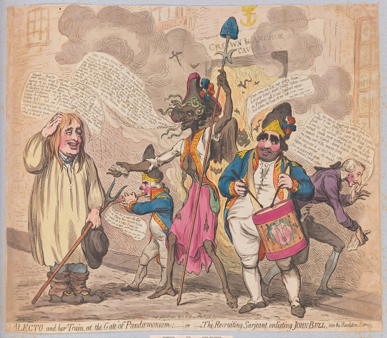 Alecto और उसकी ट्रेन Pandemonium के गेट पर या द रिक्रूटिंग सार्जेंट, जॉन बुल को क्रांति सेवा, पब में भर्ती कराती है। (हाथ के रंग की नक्काशी) द्वारा जेम्स गिलियरे