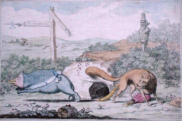 1782 में विलियम हम्फ्री द्वारा प्रकाशित, चेंजिंग प्लेसेस, या फॉक्स ने बेजर को अपने घोंसले से बाहर निकाल दिया (हाथ से रंगी हुई नक़्क़ाशी) द्वारा जेम्स गिलियरे