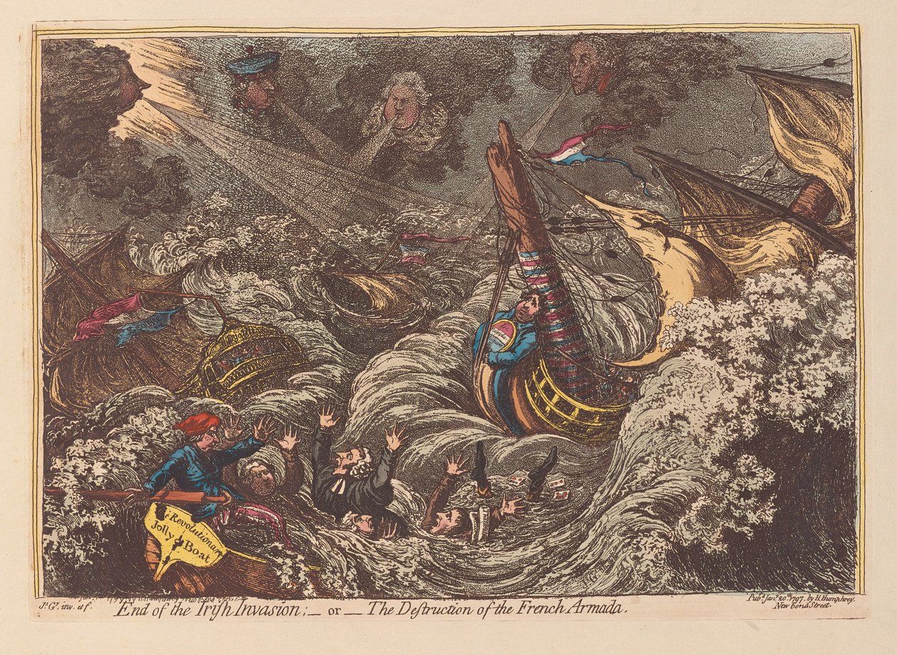 आयरिश आक्रमण का अंत या फ्रांसीसी अर्माडा का निर्देश, पब। 1797 (हाथ के रंग का उत्कीर्णन) द्वारा जेम्स गिलियरे