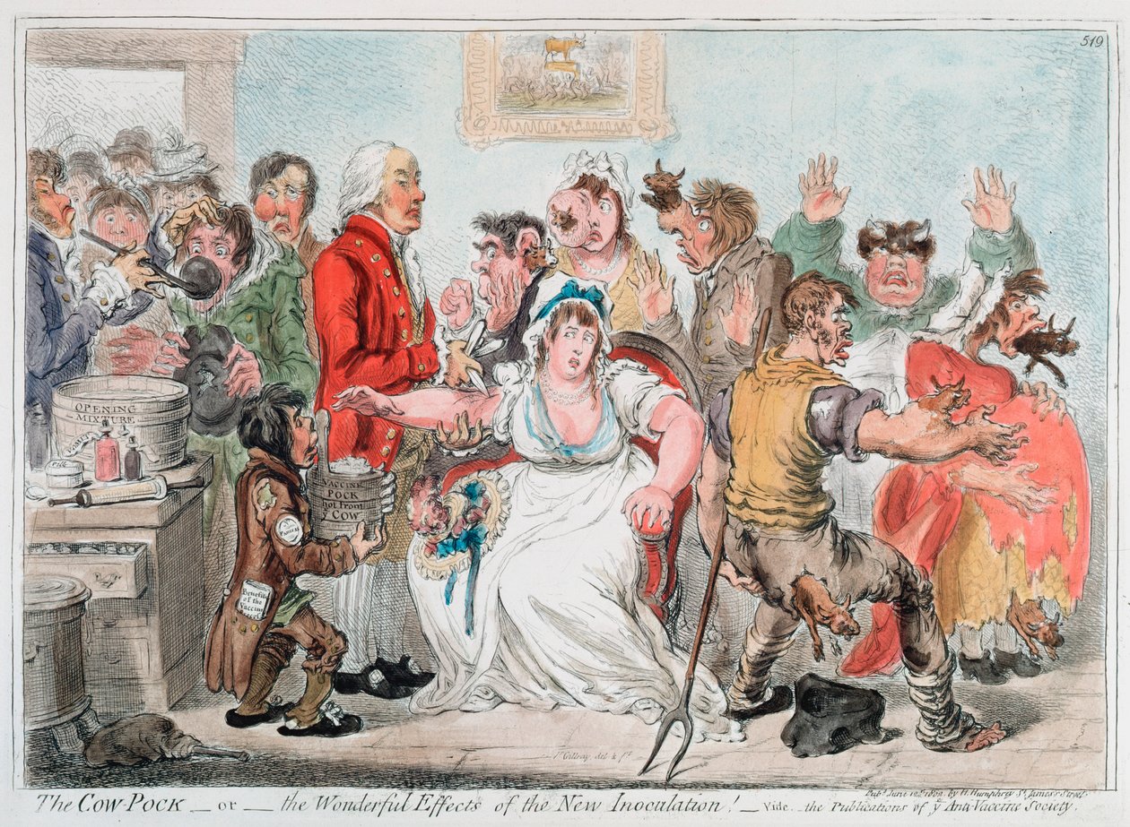 चेचक, 1802 का उपयोग कर चेचक के खिलाफ टीकाकरण पर गिल्र्रे कार्टून द्वारा जेम्स गिलियरे