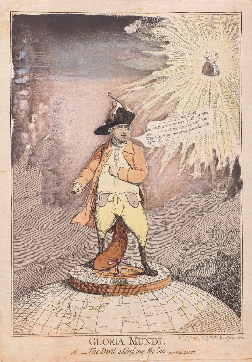 ग्लोरिया मुंडी ,, या डेविल सन, पब को संबोधित करते हुए। 1782 (हाथ के रंग का उत्कीर्णन) द्वारा जेम्स गिलियरे