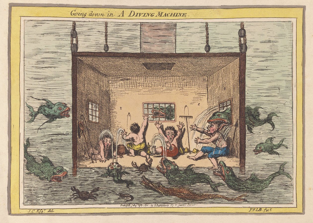 डाइविंग मशीन में नीचे जा रहा है, पब 1801 (हाथ के रंग का उत्कीर्णन) द्वारा जेम्स गिलियरे