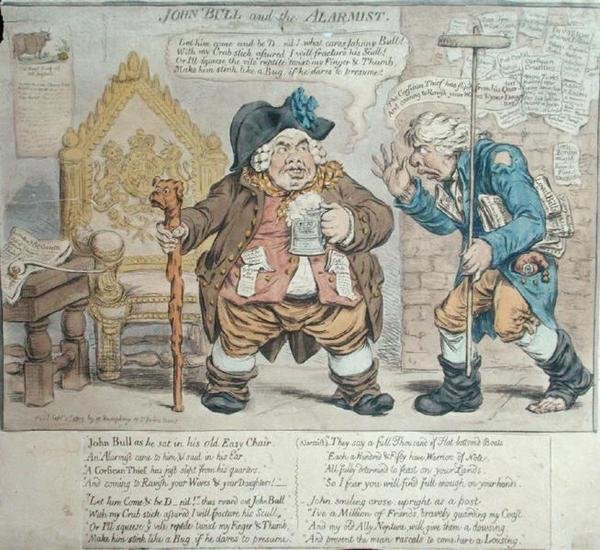 जॉन बुल एंड द अलार्मिस्ट, 1803 में हन्ना हम्फ्री द्वारा प्रकाशित (हाथ से रंगी हुई नक़्क़ाशी) द्वारा जेम्स गिलियरे