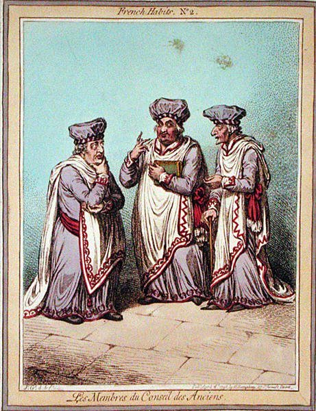 1798 में हन्ना हम्फ्री द्वारा प्रकाशित 'फ्रेंच हैबिट्स' से लेस मेम्ब्रेस डू कॉन्सिल डेस एनीएन्स, प्लेट 2 (रंगीन नक़्क़ाशी) द्वारा जेम्स गिलियरे