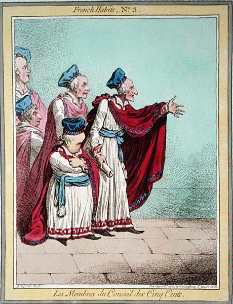 लेस मेम्ब्रेस डू कॉन्सिल डेस सिंक सेंट्स, 'फ्रेंच हैबिट्स' की प्लेट 3, 1798 में हन्ना हम्फ्री द्वारा प्रकाशित (रंगीन नक़्क़ाशी) द्वारा जेम्स गिलियरे
