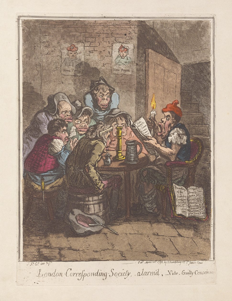 लंदन कॉरेस्पॉन्डिंग सोसाइटी, अलार्मड, विड। दोषी विवेक, पब। 1796 (हाथ के रंग का उत्कीर्णन) द्वारा जेम्स गिलियरे