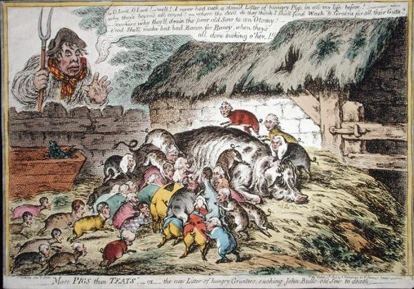 मोर पिग्स देन टीट्स, 1806 में हन्ना हम्फ्री द्वारा प्रकाशित (हाथ से रंगी हुई नक़्क़ाशी) द्वारा जेम्स गिलियरे