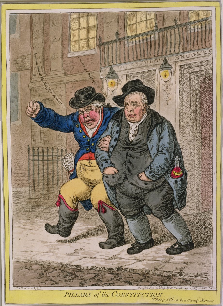 संधि-स्तम्भ के स्तंभ: तीन बजे तक एक बादल सुबह, 1809 में हन्ना हम्फ्री द्वारा प्रकाशित (हाथ से रंग का नक़्क़ाशी) द्वारा जेम्स गिलियरे