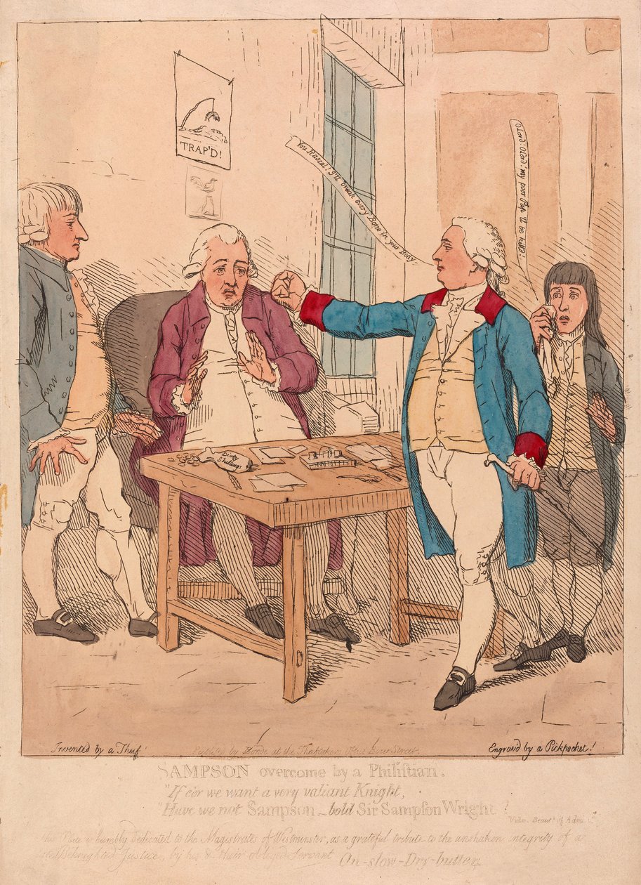 सैम्पसन एक पलिश्ती, पब से उबर गया। 1782 (हाथ के रंग का उत्कीर्णन) द्वारा जेम्स गिलियरे