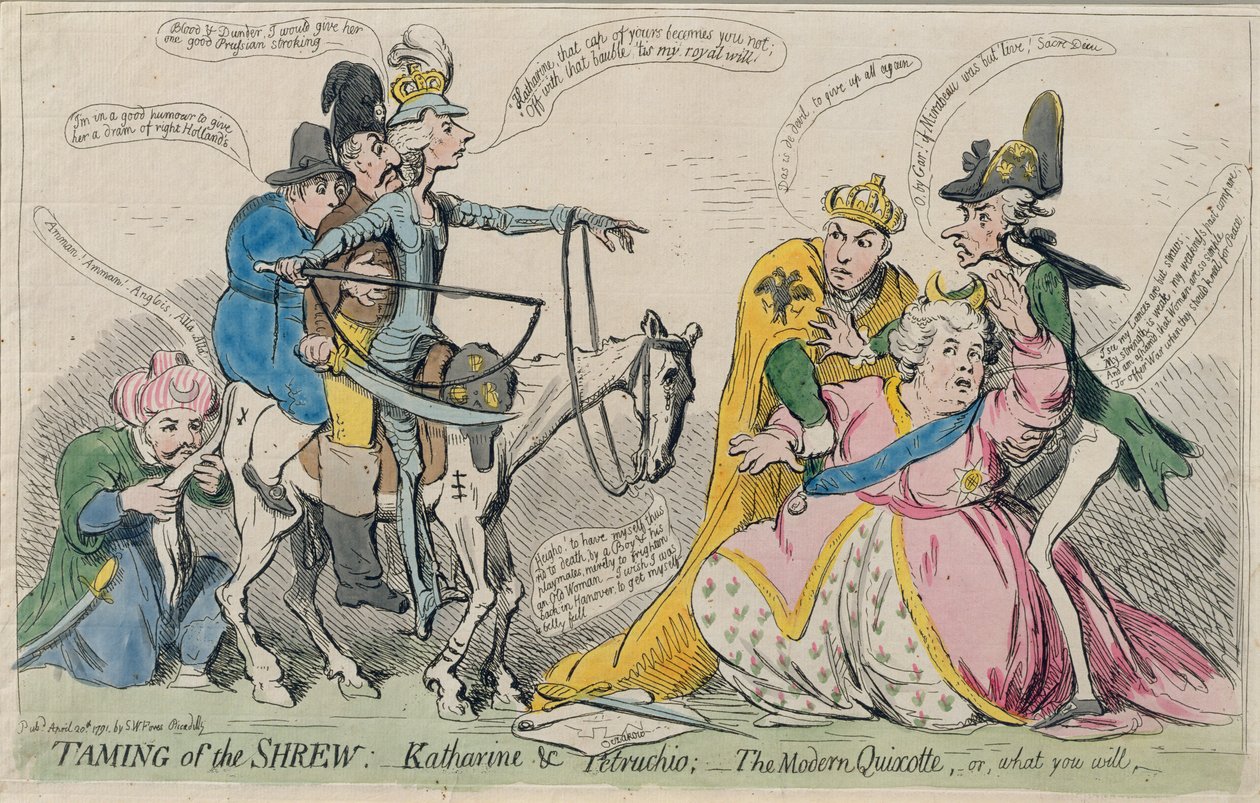 द टैम ऑफ़ द श्रू: कैथरीन अंड पेट्रूचियो, या द मॉडर्न क्विक्सोट, 1791 में SW Fores द्वारा प्रकाशित (हाथ से रंग की नक़्क़ाशी) द्वारा जेम्स गिलियरे